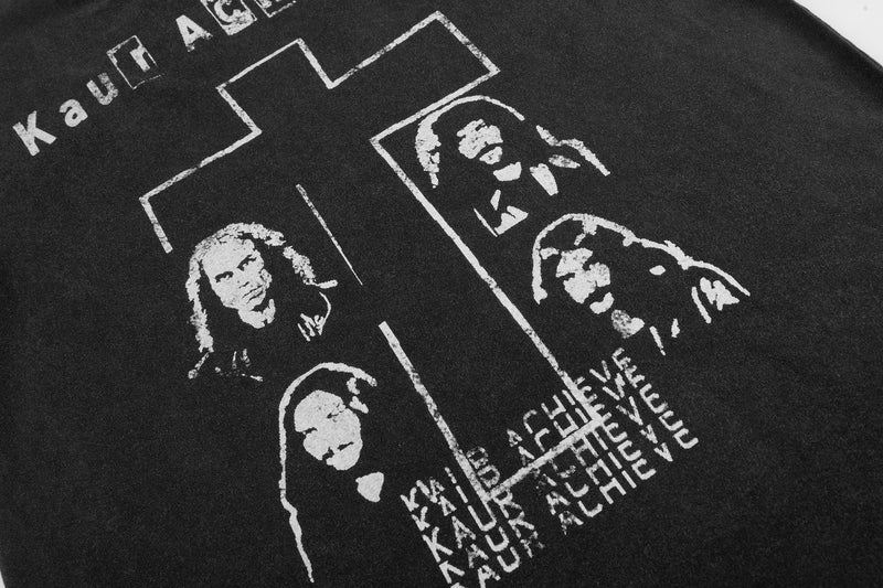 Black vintage graphic tee with distressed white cross print and band-style portraits on dark streetwear fabric
