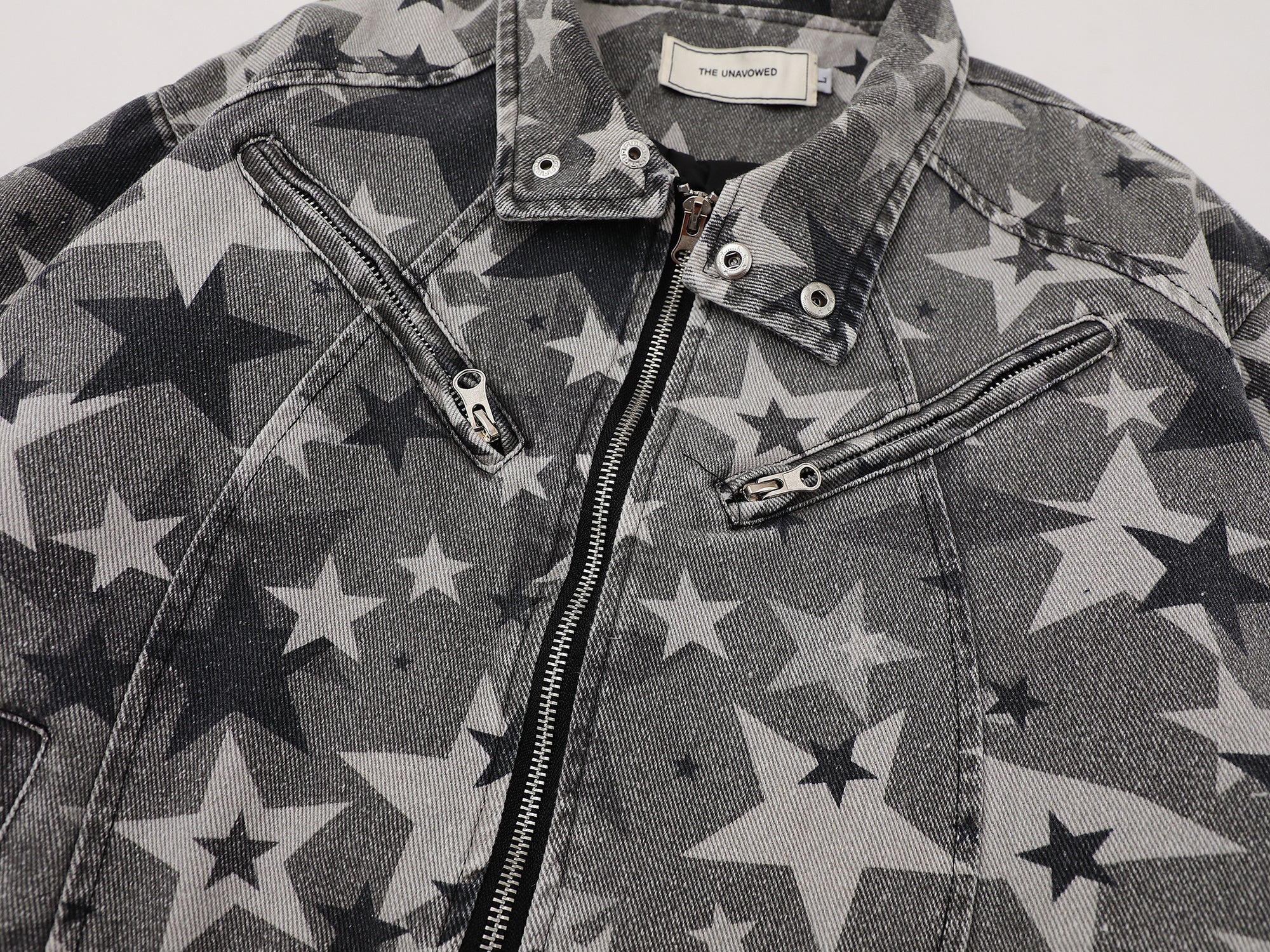 Omirad All-Over Star Print Washed Denim Jacket | Grayscale
