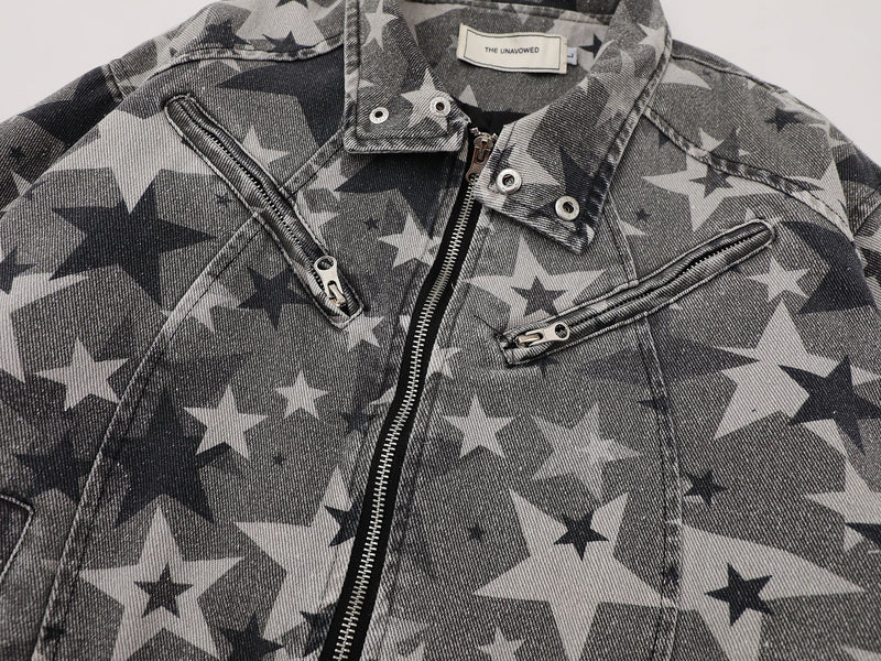 Omirad All-Over Star Print Washed Denim Jacket | Grayscale