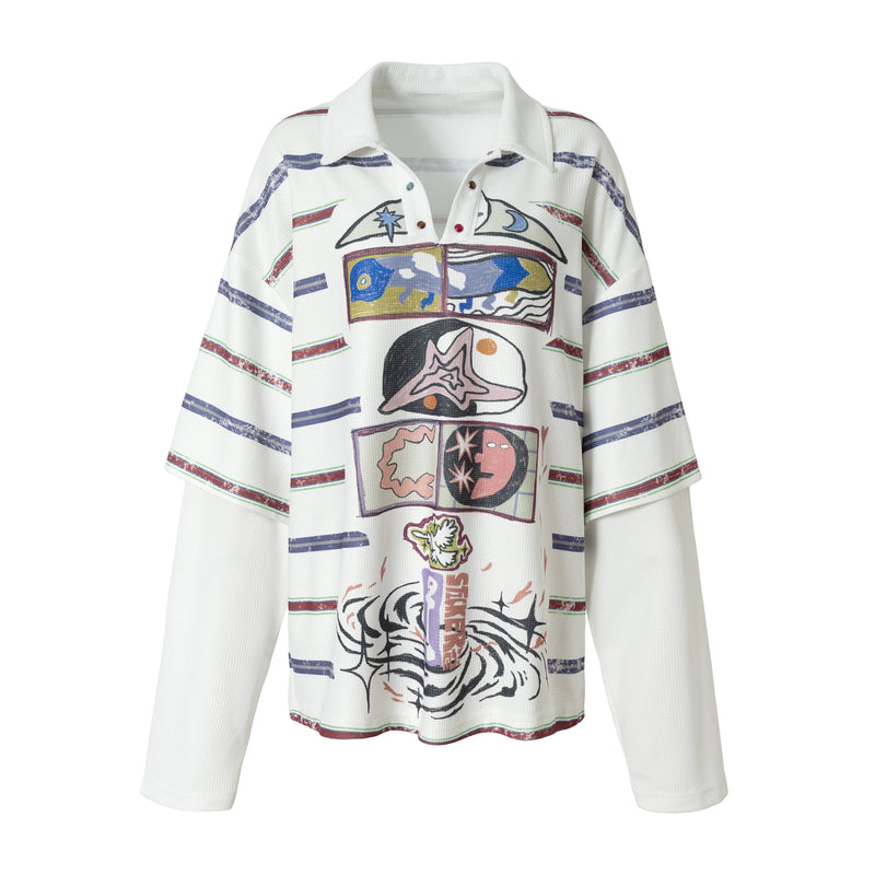 White long-sleeve polo shirt with abstract graphics and multicolor striped pattern, front view