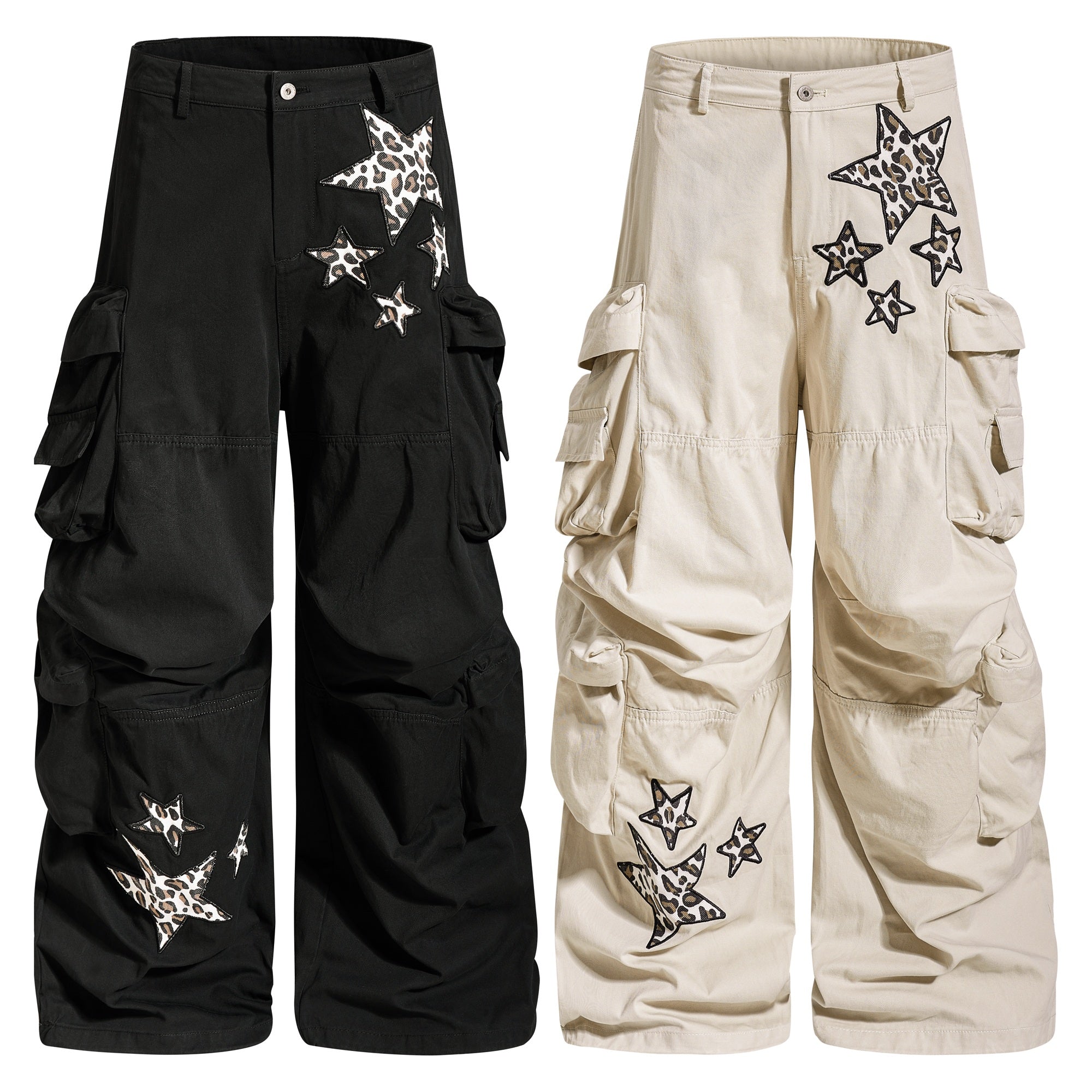 Black and cream oversized cargo pants with leopard-print star patchwork and multi-pocket utility design