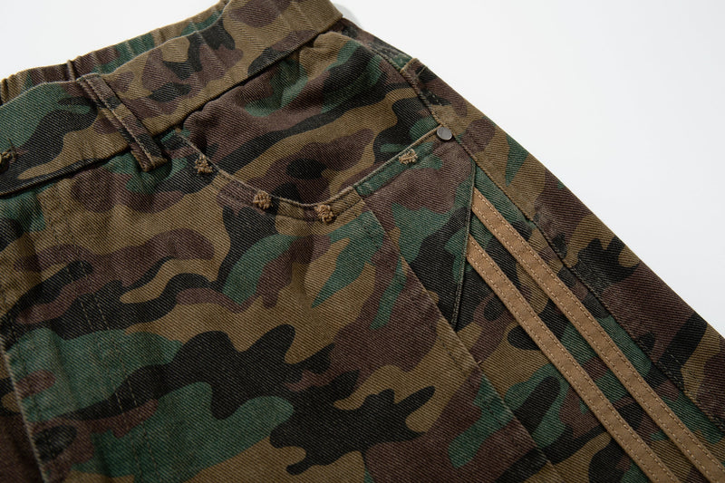 Close-up of front pocket and triple stripe detail on woodland camo pants