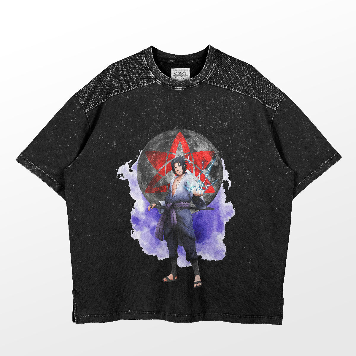 The Naruto Sasuke Uchiha Eternal Mangekyou Sharingan T-Shirt features unique Shippuden art of Sasuke with a sword, set against a red star and purple aura, highlighting its signature textured upper chest and shoulders.