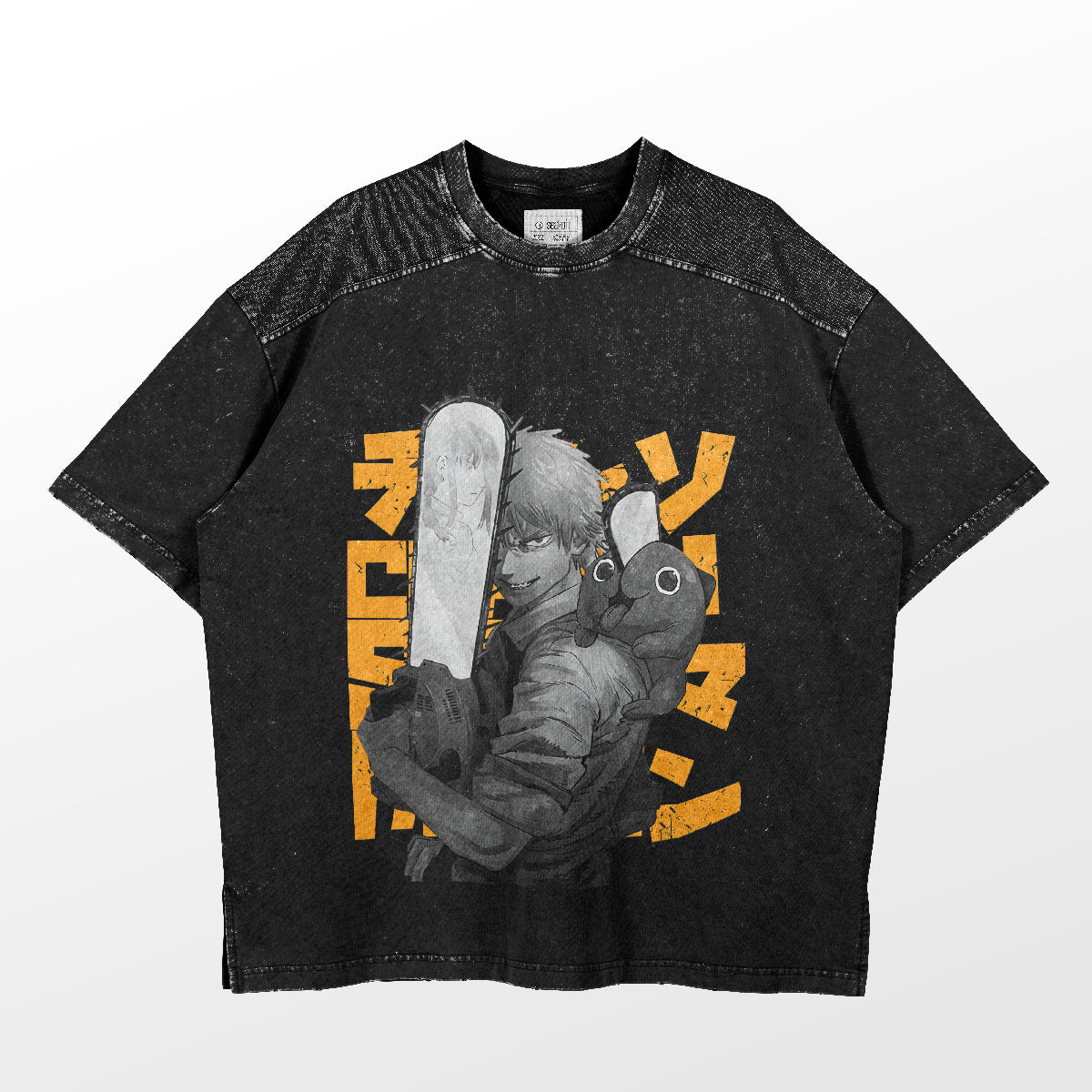 This Chainsaw Man Denji and Pochita T-Shirt features a bold anime-style illustration with Japanese text, highlighting Denji and Pochita with a chainsaw on the front. Made from 100% cotton, this striking black shirt is a must-have for fans.