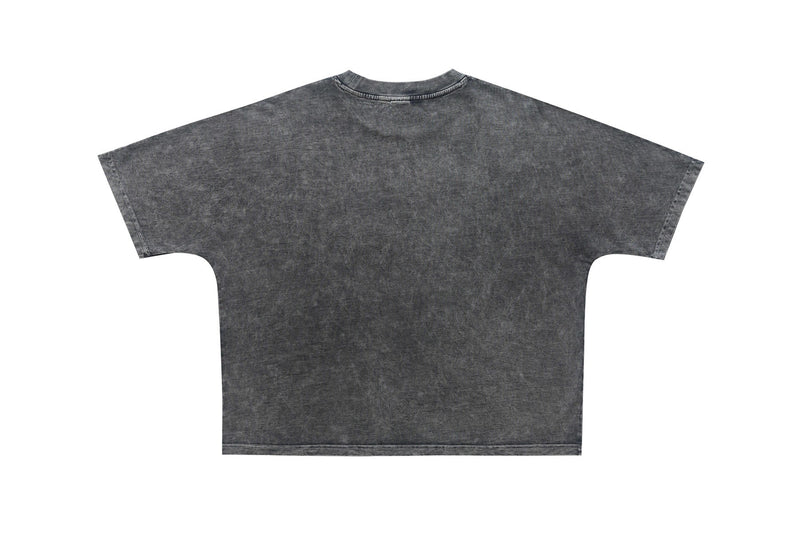 Vintage washed charcoal oversized graphic tee with wide sleeves and a faded, distressed finish