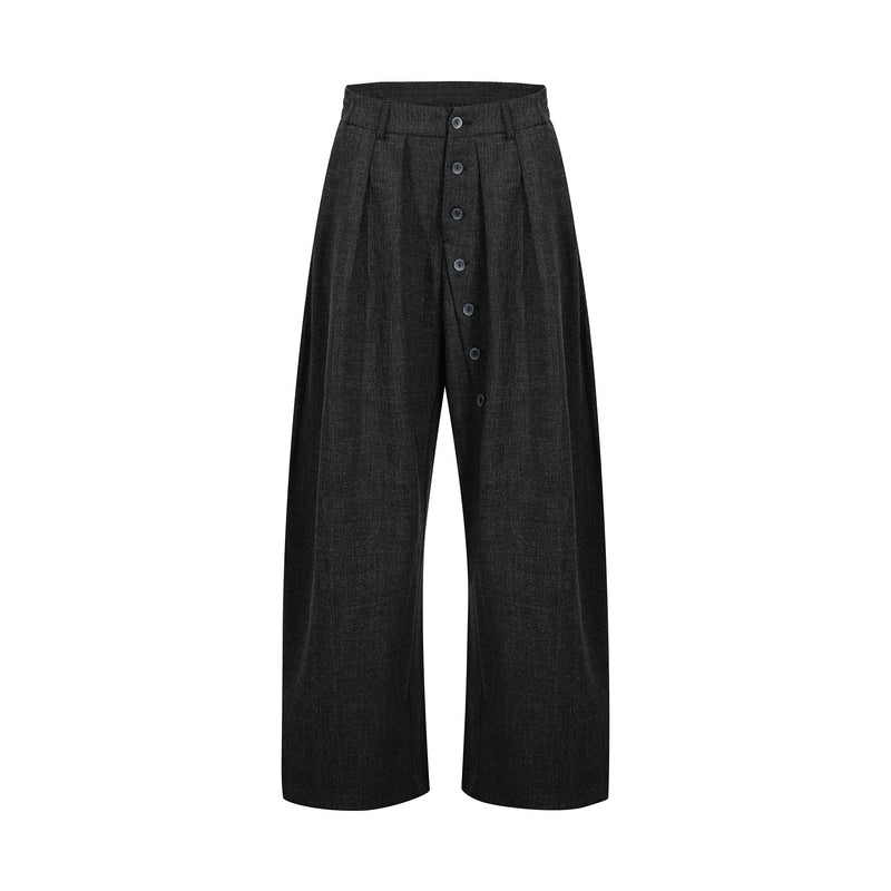 Black wide-leg pants with front pleats and a vertical button closure