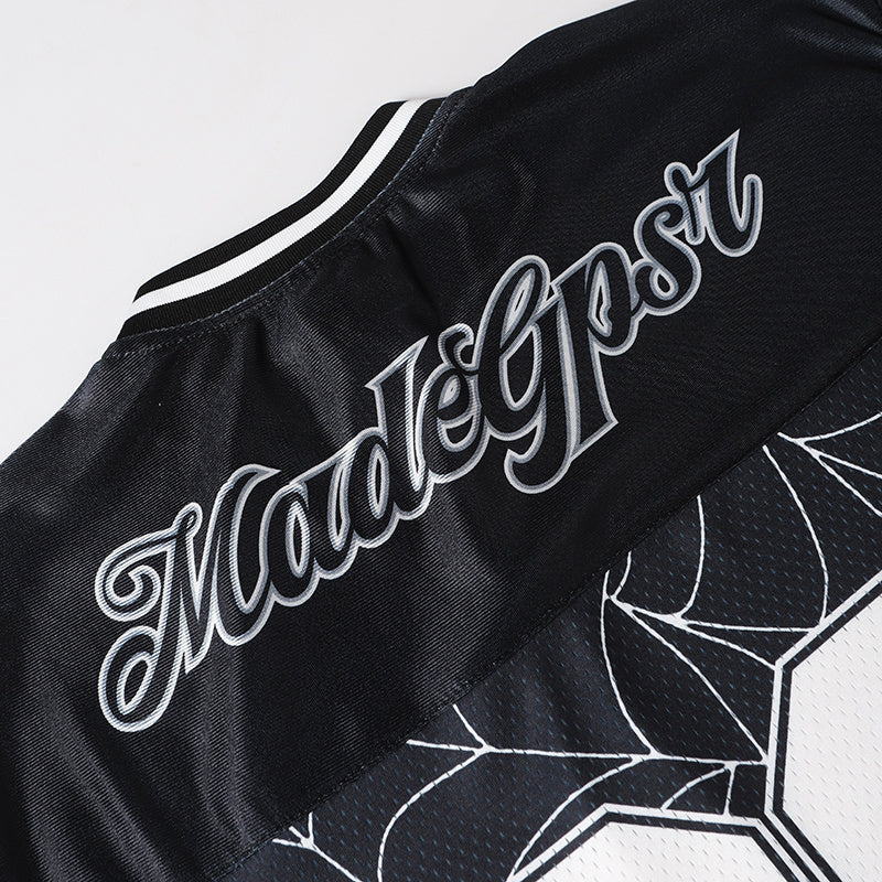 Black mesh football jersey with white striped collar and spider web graphic detailing on the front and sleeve