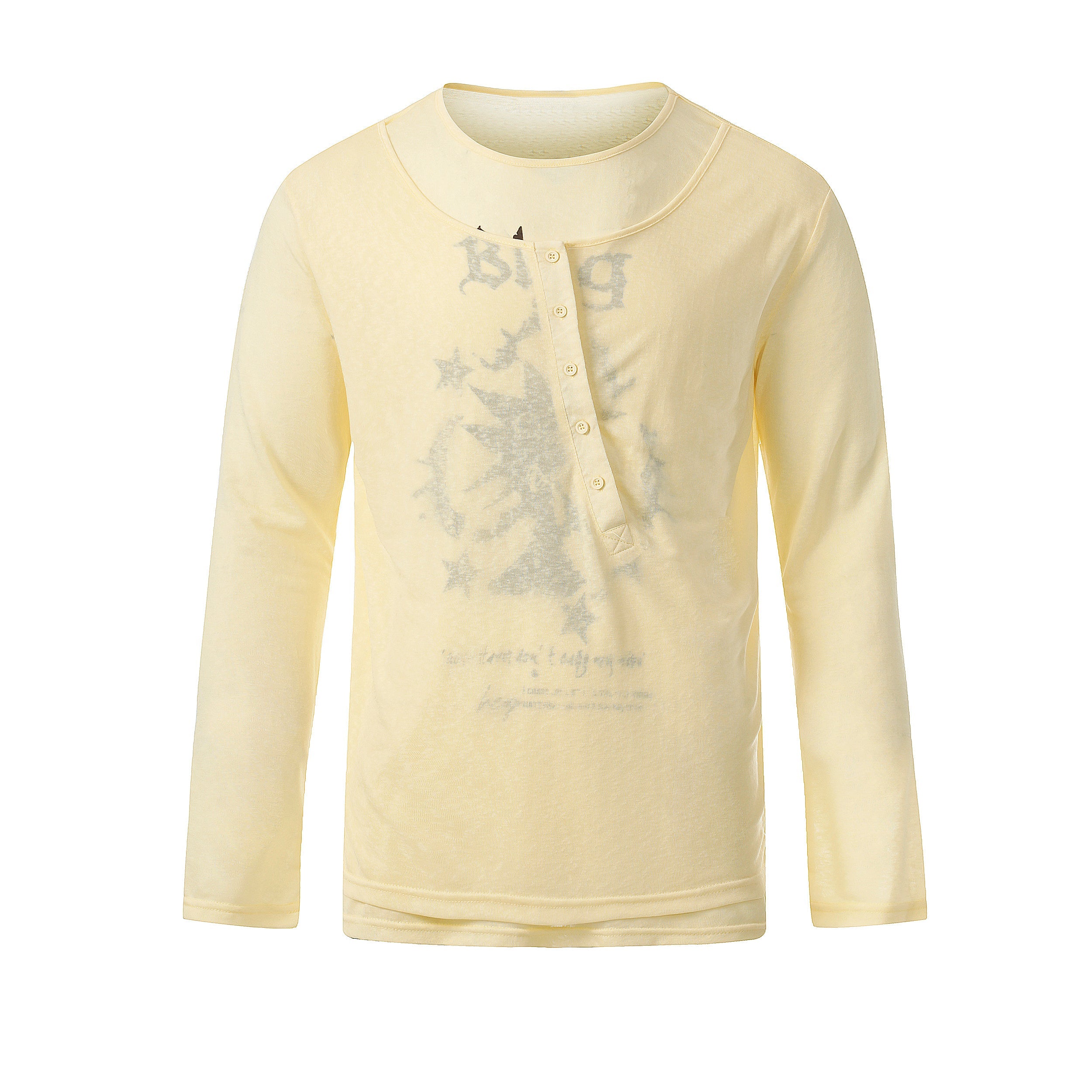 Graphic Long Sleeve Henley Tee | Faded Print Cotton Shirt