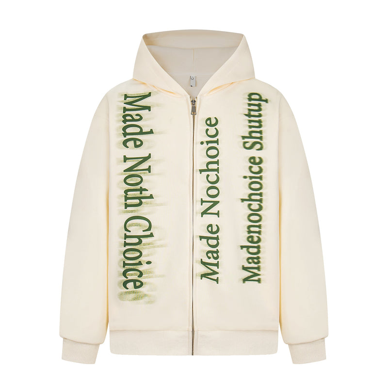 Cream zip hoodie front view with green gradient letter print and hood