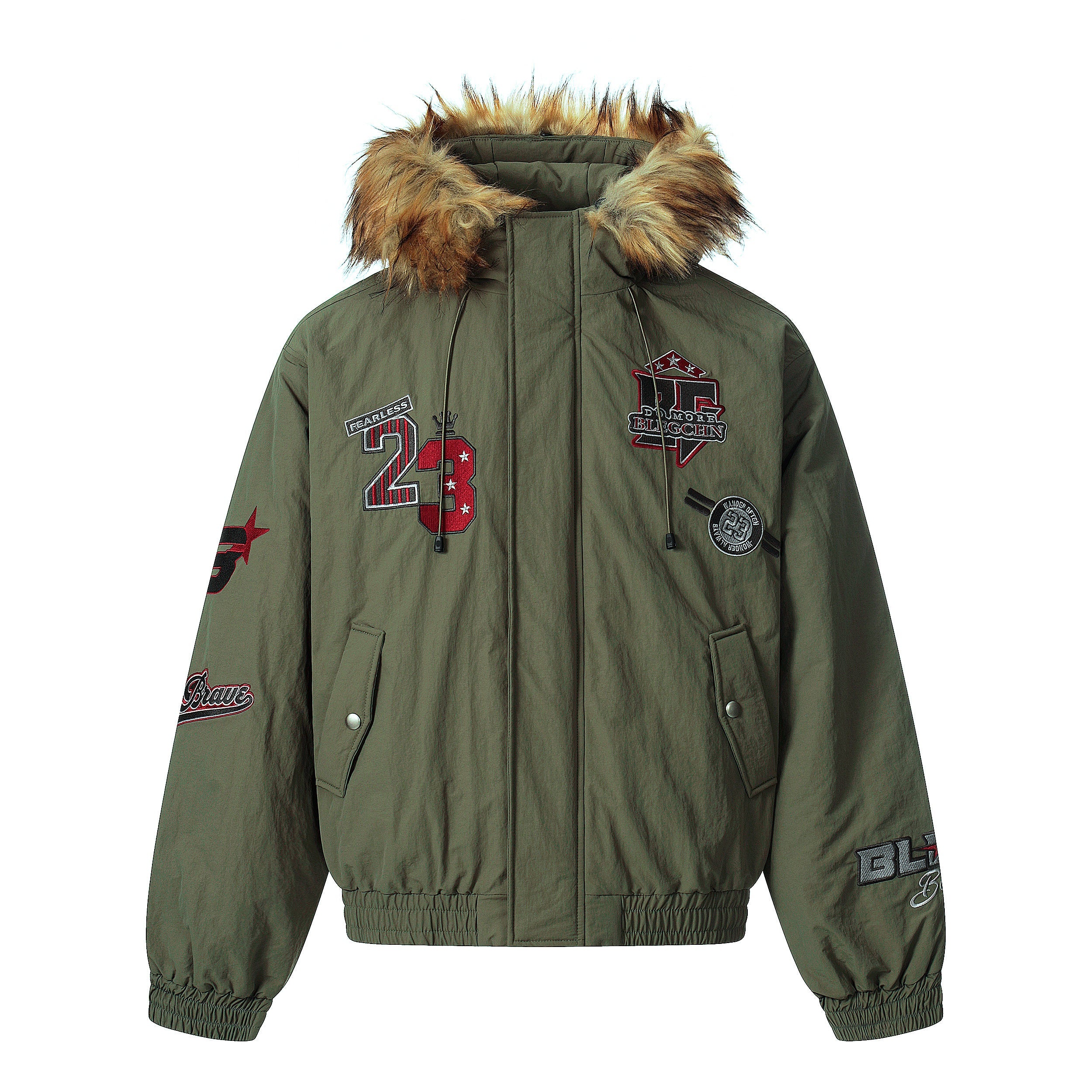 Varsity Patch Faux Fur Hooded Puffer Jacket | Army Green