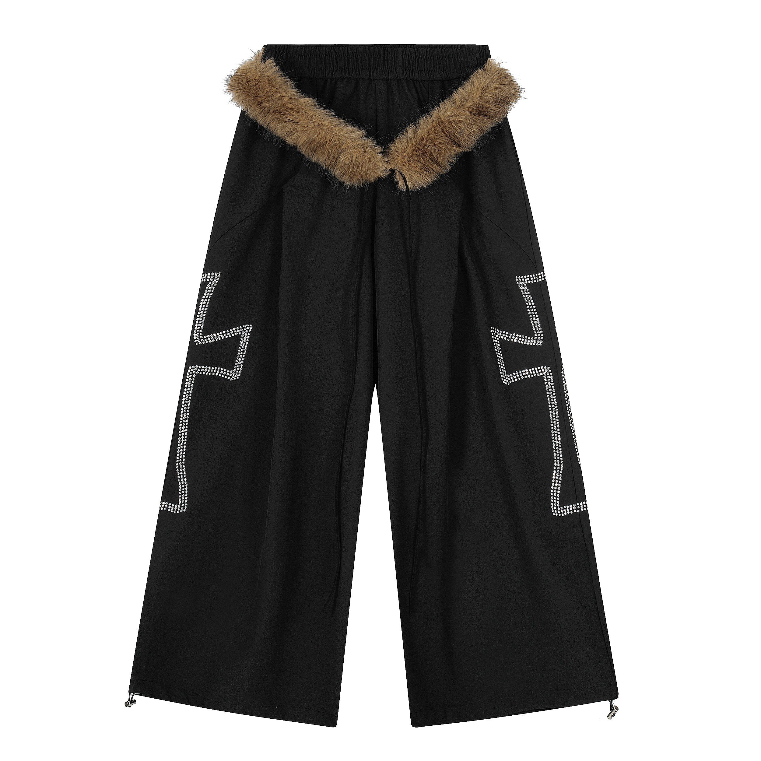 Rhinestone Cross Faux-Fur Wide-Leg Pants | Streetwear