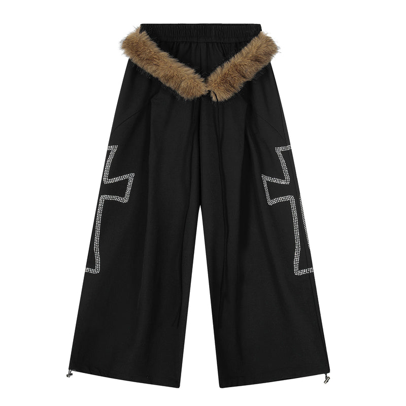 Rhinestone Cross Faux-Fur Wide-Leg Pants | Streetwear