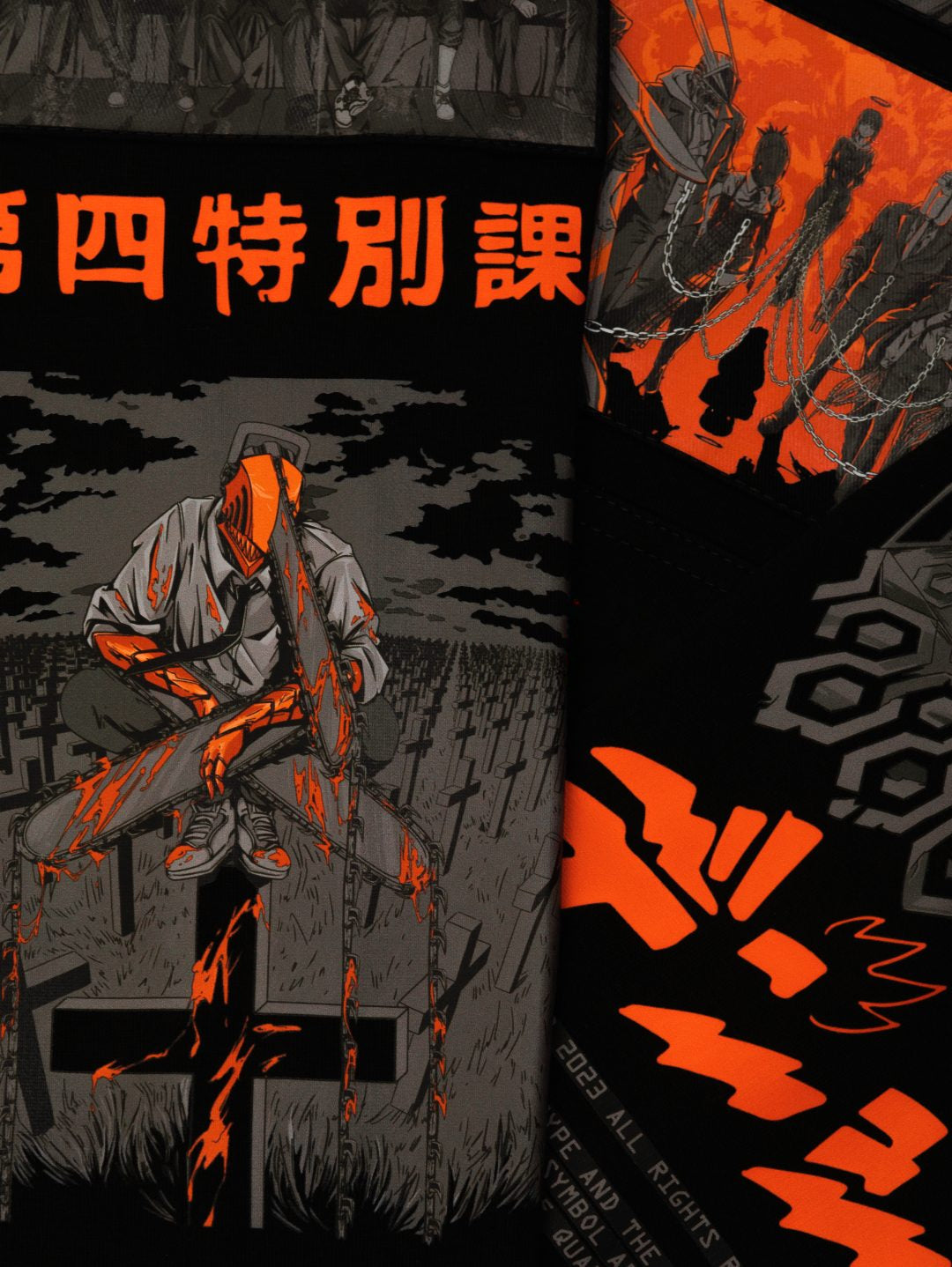 The Chainsaw Man Hoodie, made from high-quality 360 GSM cotton with a drop shoulder design, features an anime-style illustrated figure kneeling before a cross. Its dark, intense palette and Japanese text accents make it perfect for any streetwear collection.