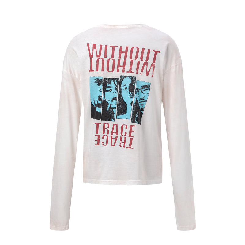 Back view of white long sleeve tee with red and blue punk graphic text and faces