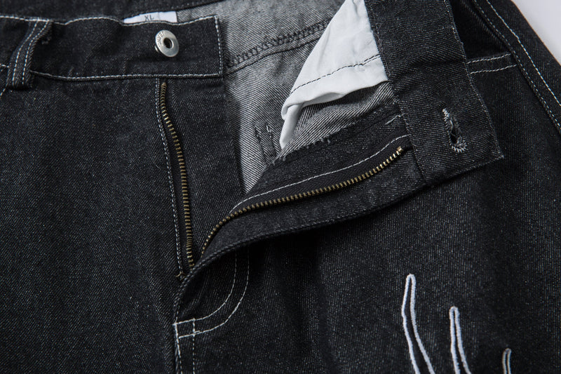 Tribal Wide-Leg Black Denim Jeans | Streetwear Baggy Fit