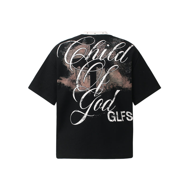 Black streetwear graphic tee with oversized white Child of God lettering on the back and distressed print detail
