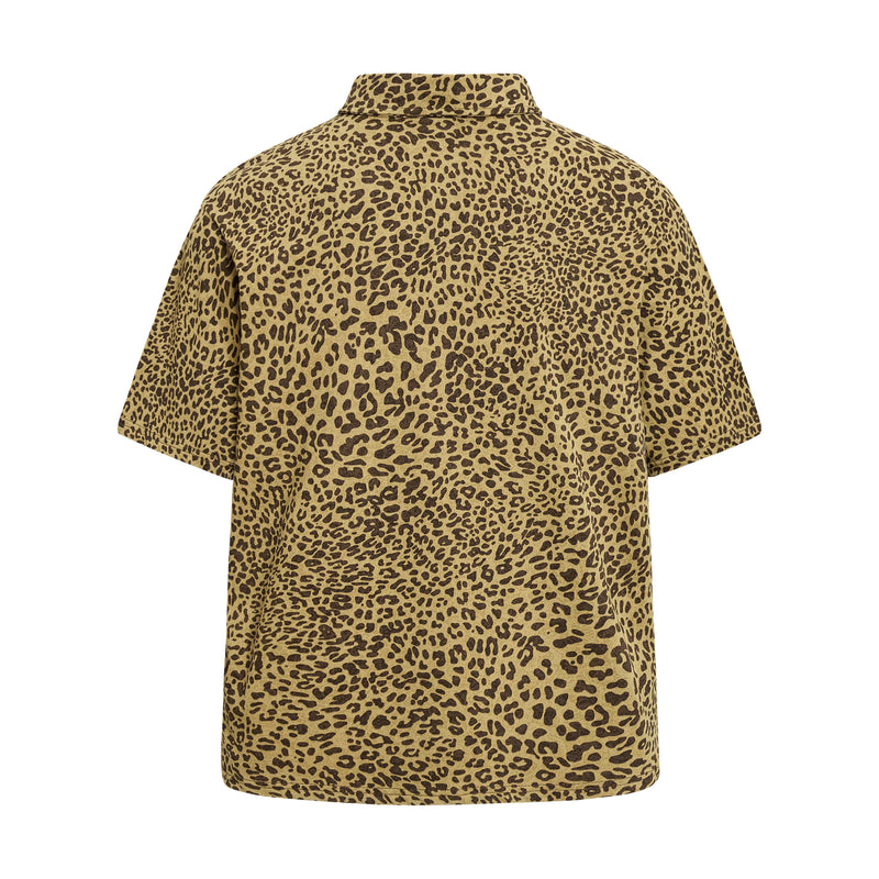 Leopard print polo tee with short sleeves and a vintage Y2K streetwear style in tan and brown
