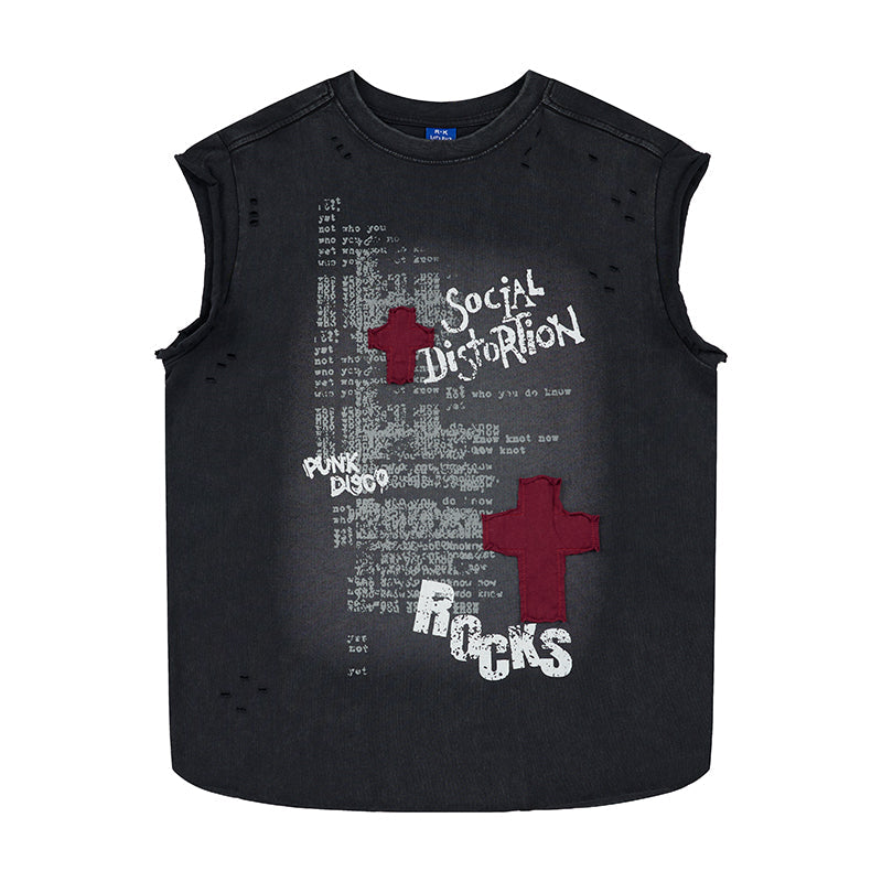 Washed black sleeveless tee with red cross appliqué patches and distressed Social Distortion punk graphic print on front
