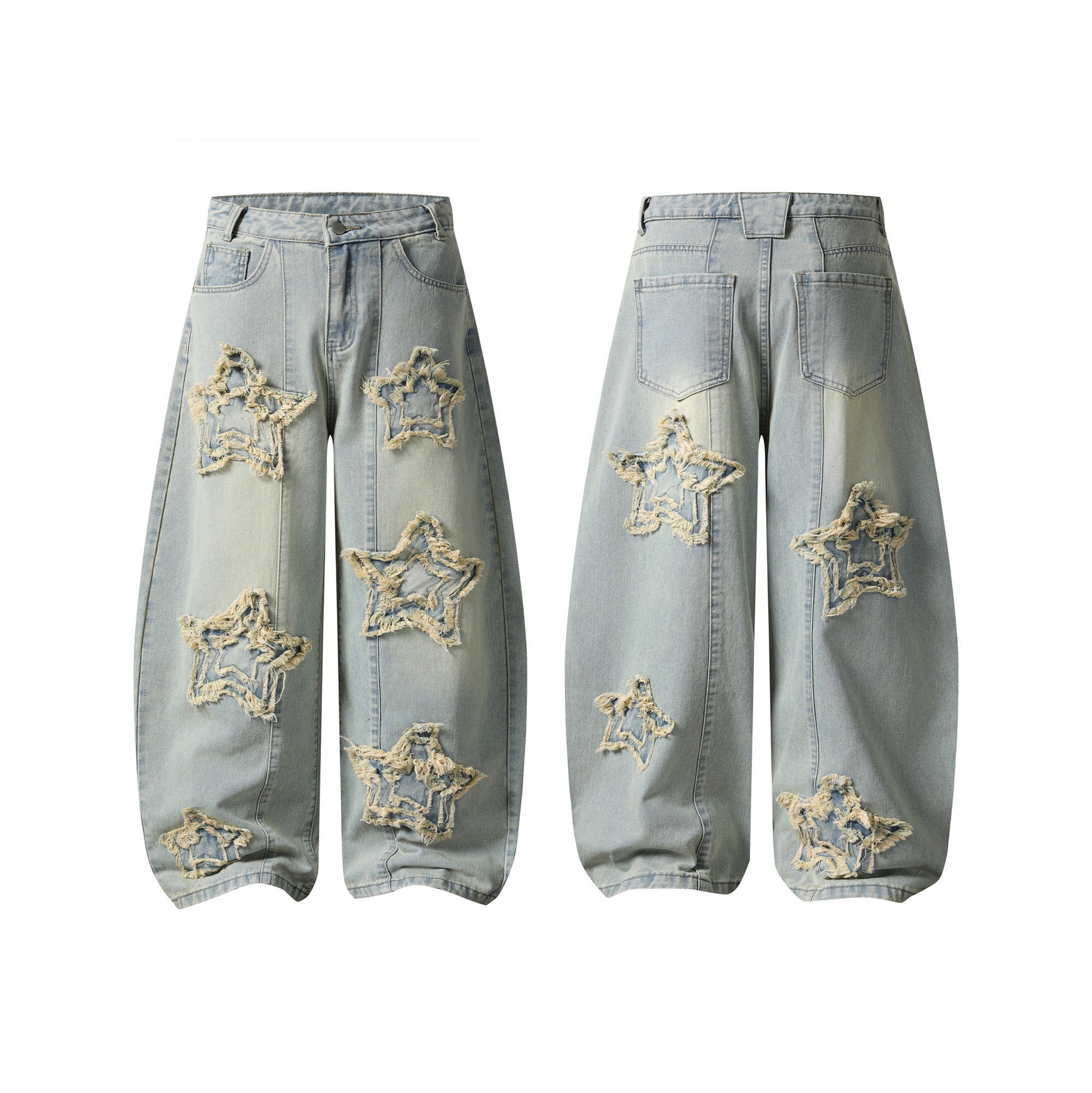 Front and back view of light wash wide-leg jeans with oversized frayed star-shaped distressed patches on both legs