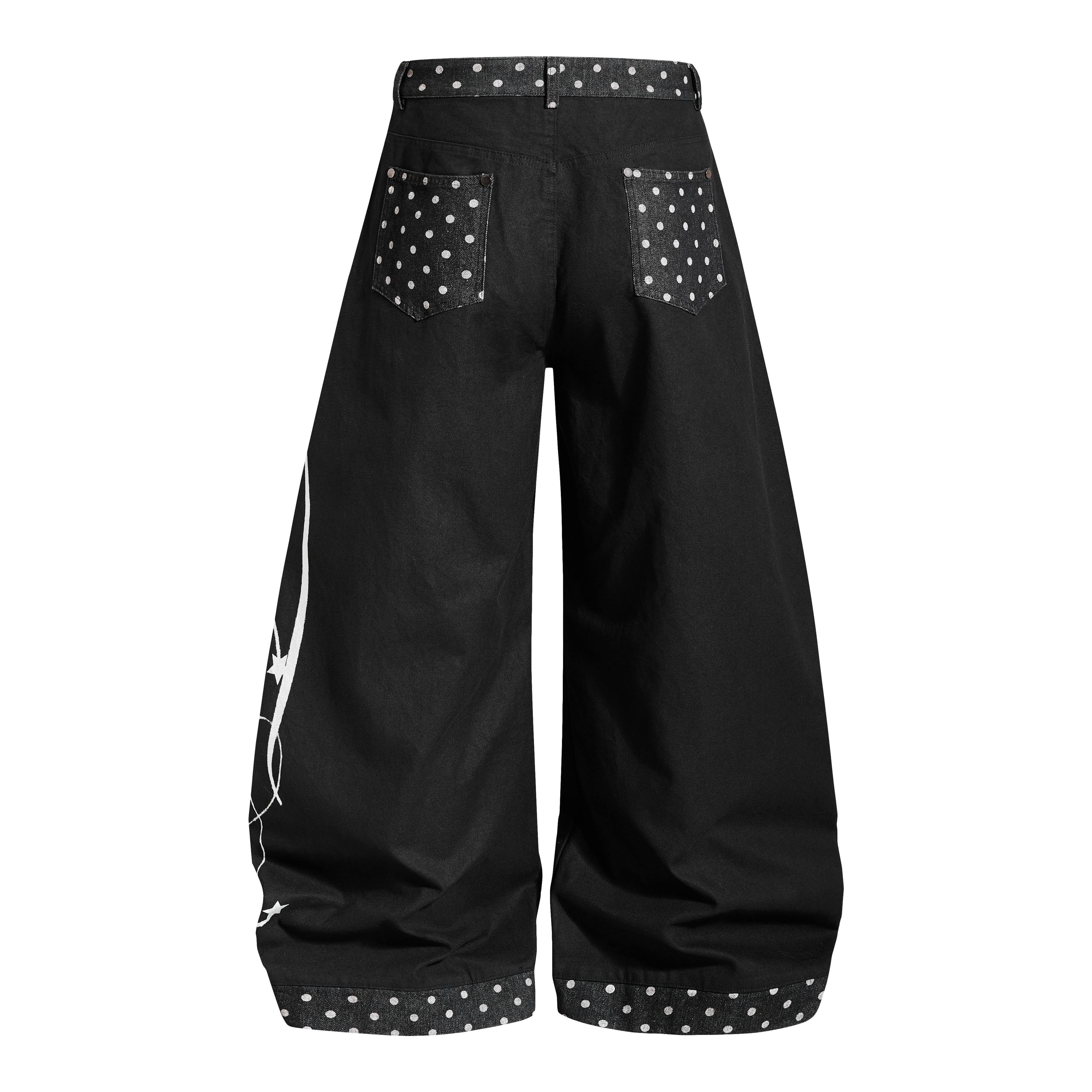 Polka Dot Panel Wide-Leg Denim Jeans | Script Graphic Print