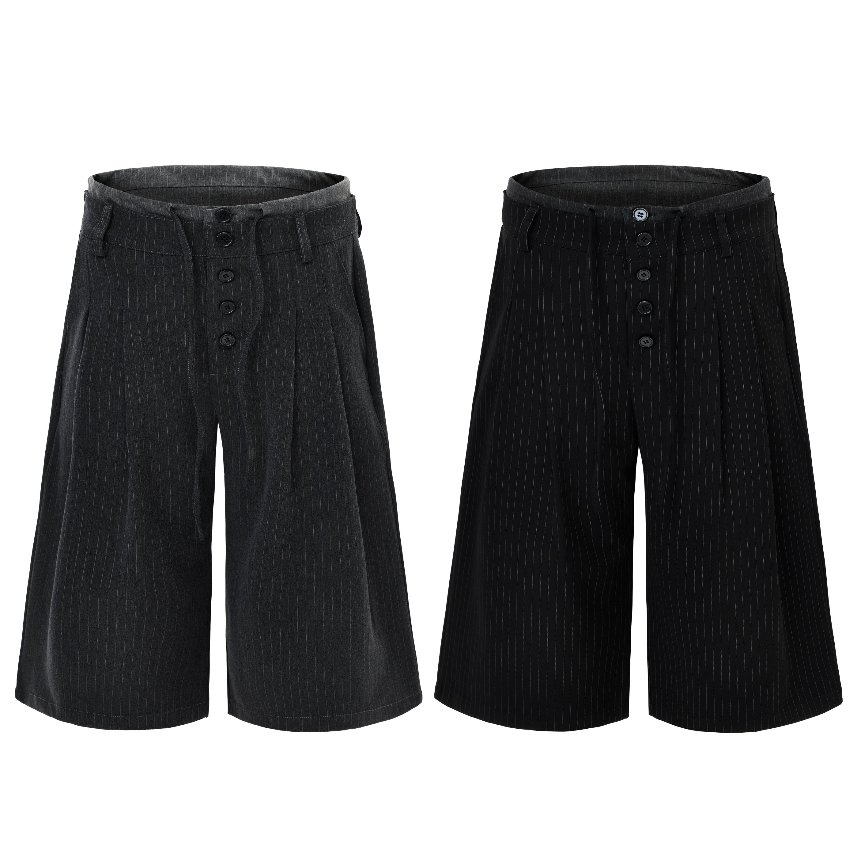 Black pinstripe wide-leg shorts with exposed button fly and layered waistband, shown in black and charcoal grey colorways