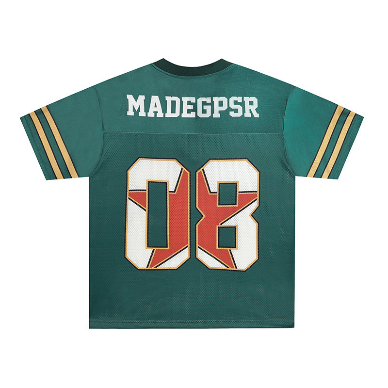 Green vintage-style football jersey with striped sleeves, MADEGPSR print, and large number 08 on the back