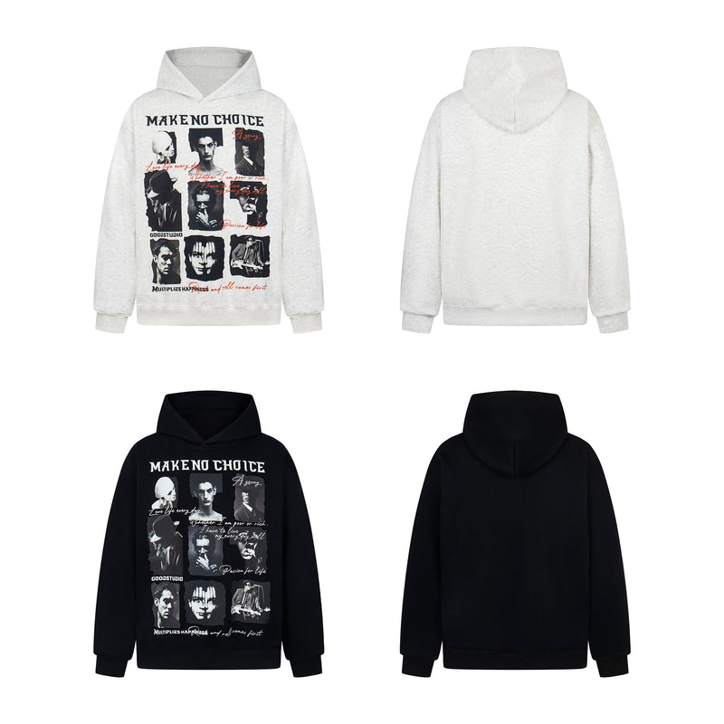 Hoodie shown in white and black, front and back views with dark collage graphic print