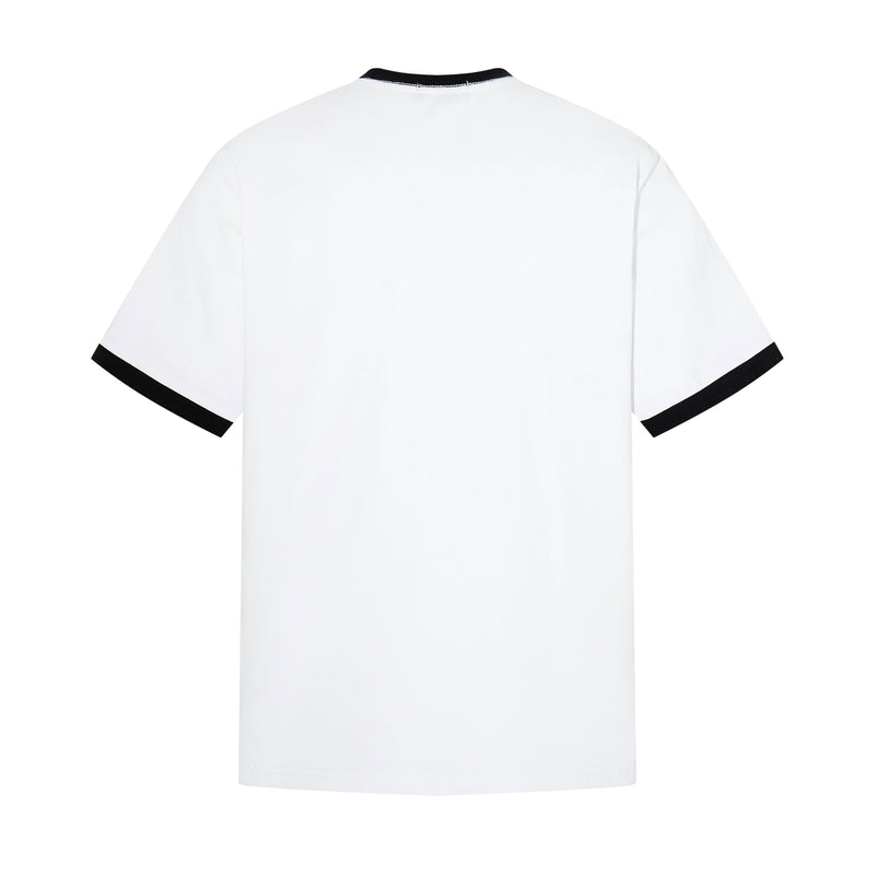 White ringer T-shirt with black collar and sleeve trim, shown from the back in a clean minimalist style