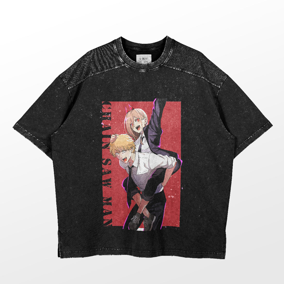 This Chainsaw Man Denji & Power T-shirt features dynamic poses of the characters on a vivid red background with vertical text. It has a textured shoulder appearance, perfect for anime conventions. Made from 100% cotton by Chainsaw Man.