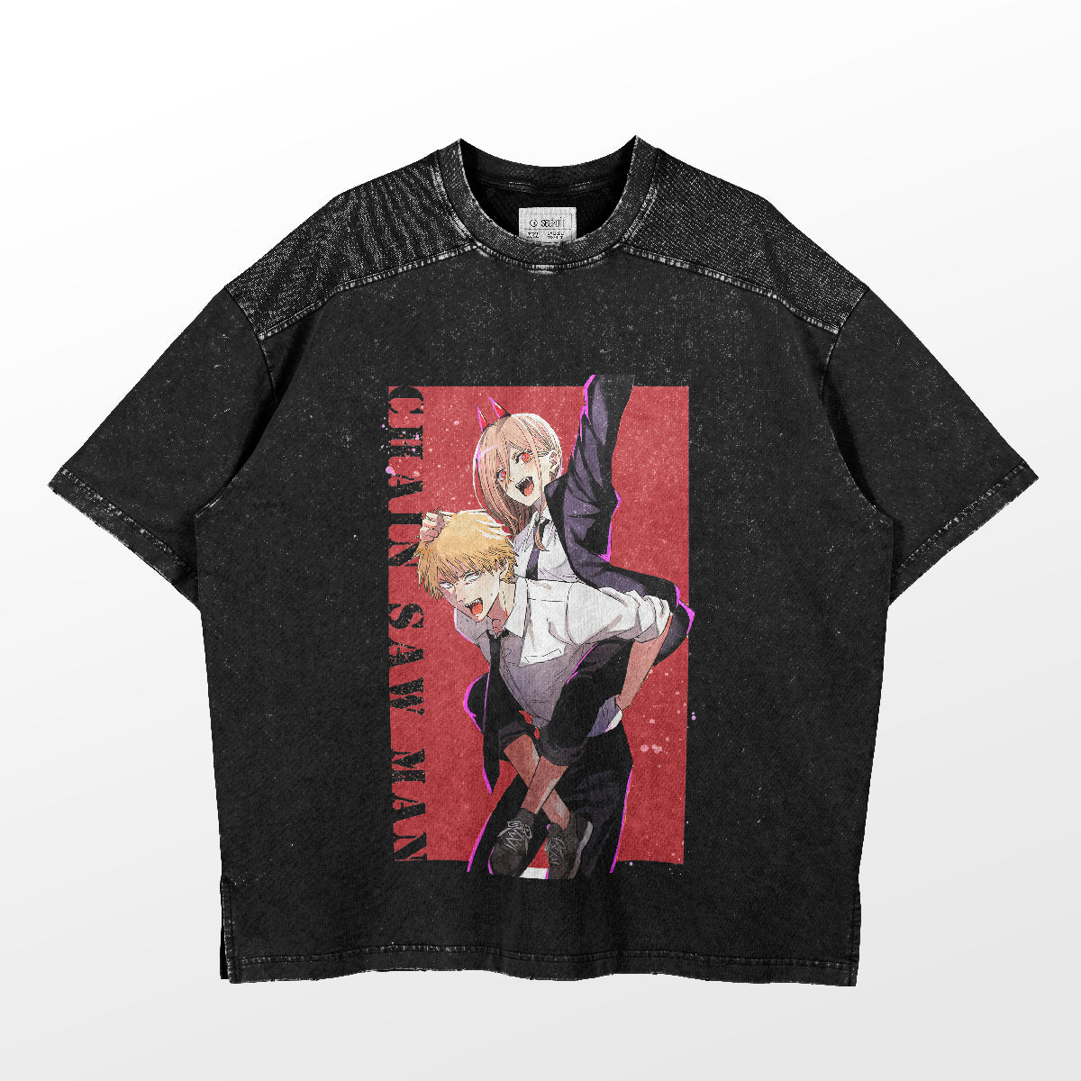 This Chainsaw Man Denji & Power T-shirt features dynamic poses of the characters on a vivid red background with vertical text. It has a textured shoulder appearance, perfect for anime conventions. Made from 100% cotton by Chainsaw Man.