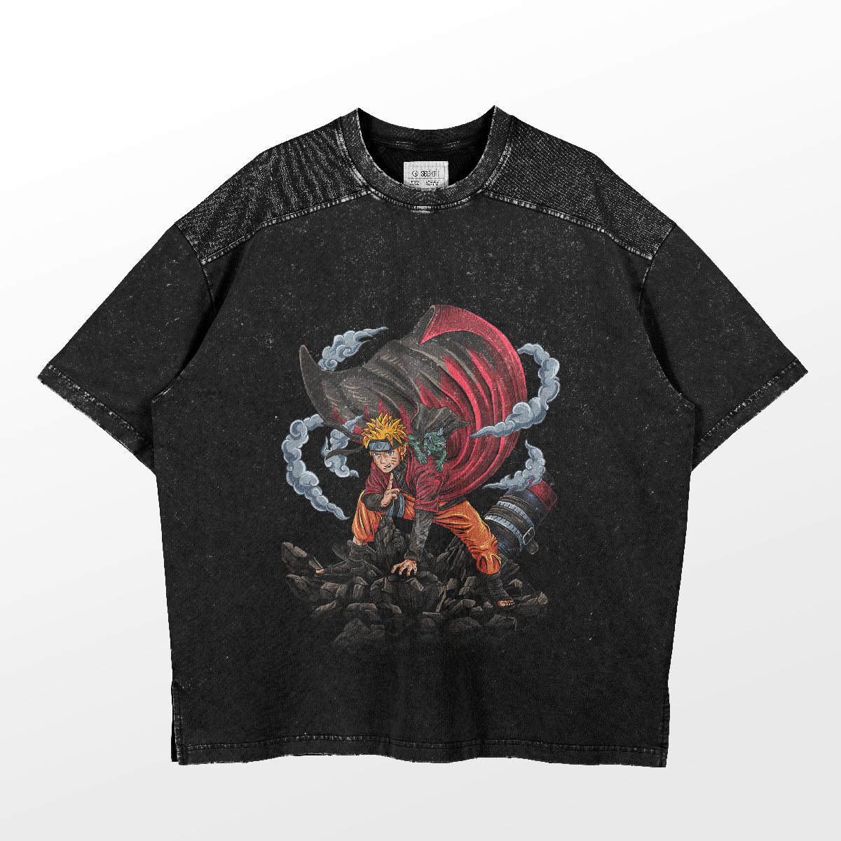 The Naruto Sage Mode T-Shirt features an animated character with spiky yellow hair in a dynamic pose, complete with swirling smoke and red elements on a textured background. It&