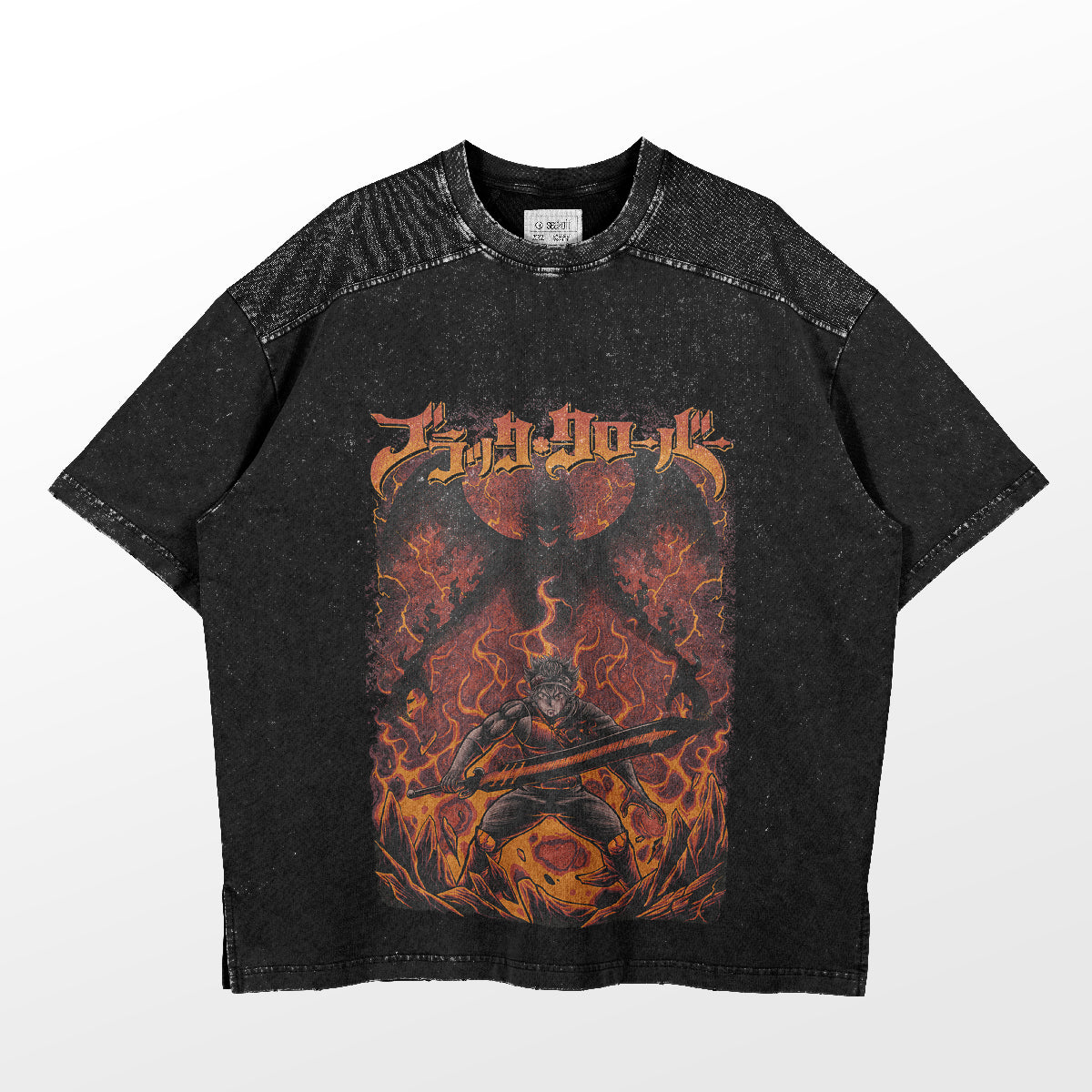 The Black Clover Shirt, by Black Clover, is a black T-shirt ideal for summer. It showcases a graphic with fiery details and a sword-wielding figure. Made from high-quality cotton, it offers a vintage vibe with a speckled texture on the shoulders and upper chest.