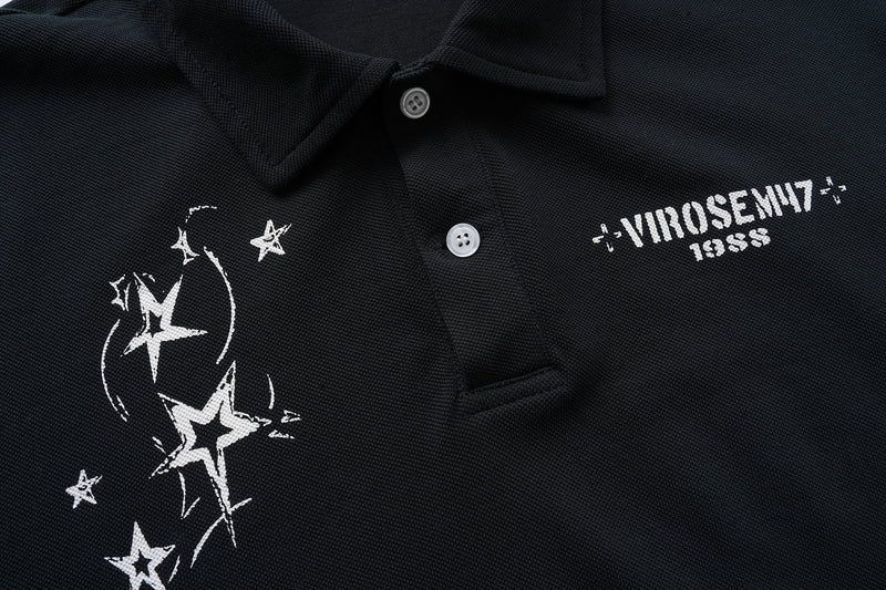Black polo front close-up with star graphic, button placket, and Virosemi17 text