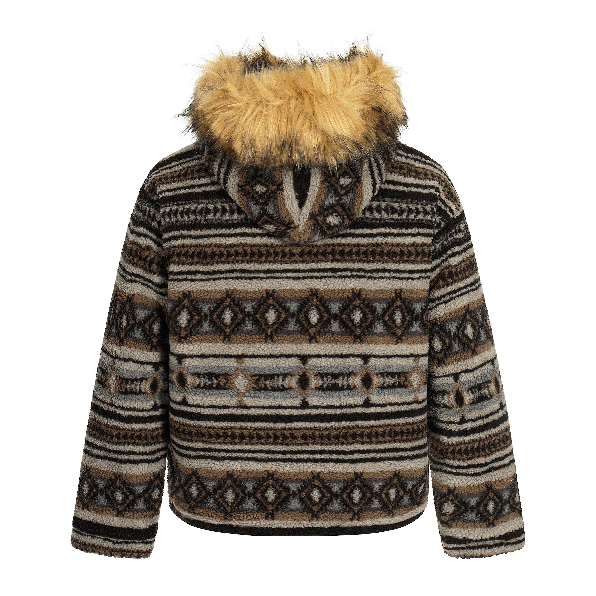 Nordic Faux Fur-Trim Hooded Zip Jacket | Ethnic Pattern