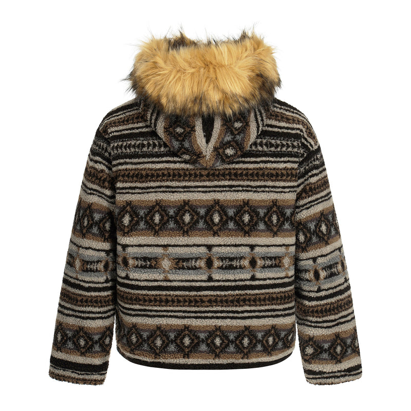 Nordic Faux Fur-Trim Hooded Zip Jacket | Ethnic Pattern
