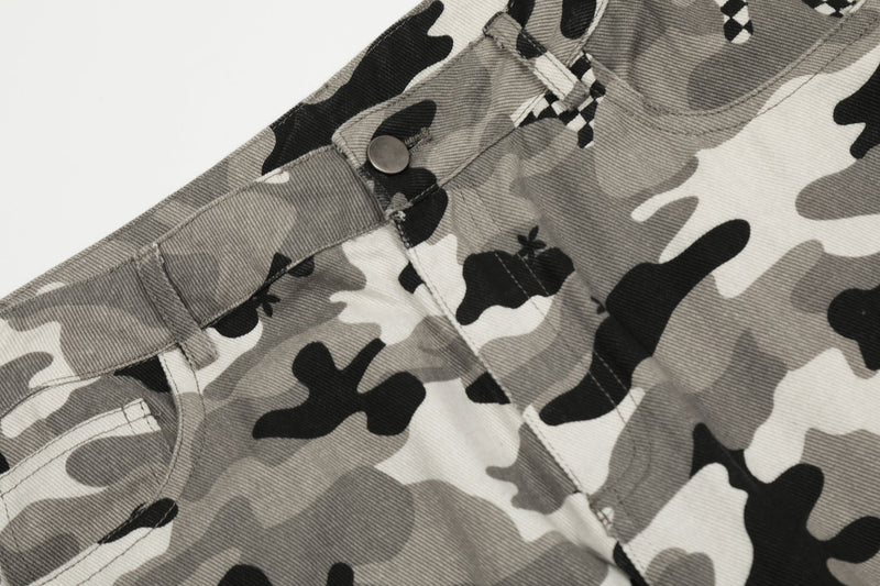 Close-up of grey camo cargo pants waistband and front button detail