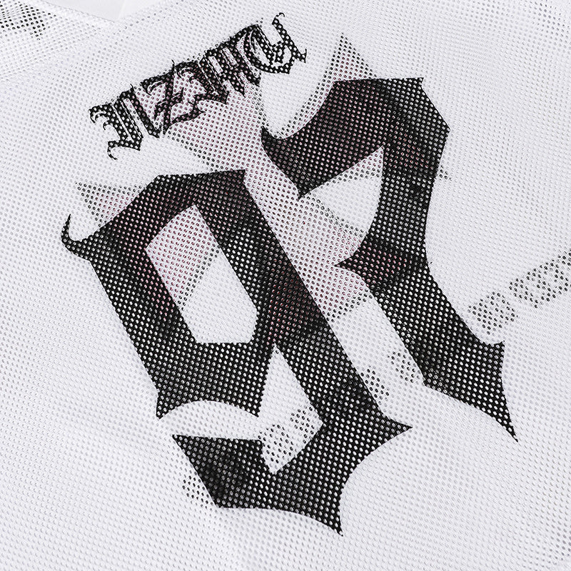 Close-up of a white mesh football jersey with bold black gothic cross-style number 97 graphics