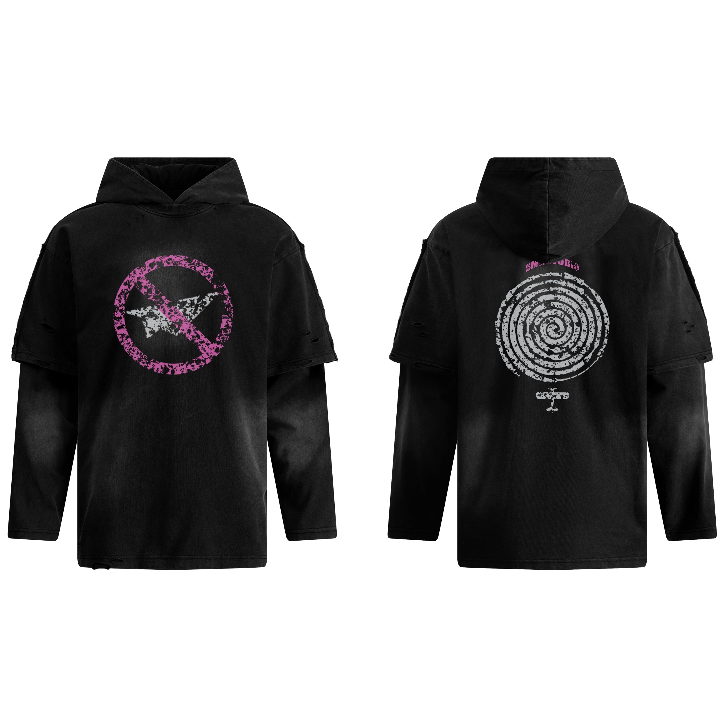 Black destroyed layered hoodie tee with pink and grey distressed circular star graphic on the front, relaxed fit
