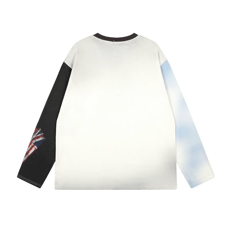 Back view of cream long sleeve tee with black left sleeve and light blue right sleeve