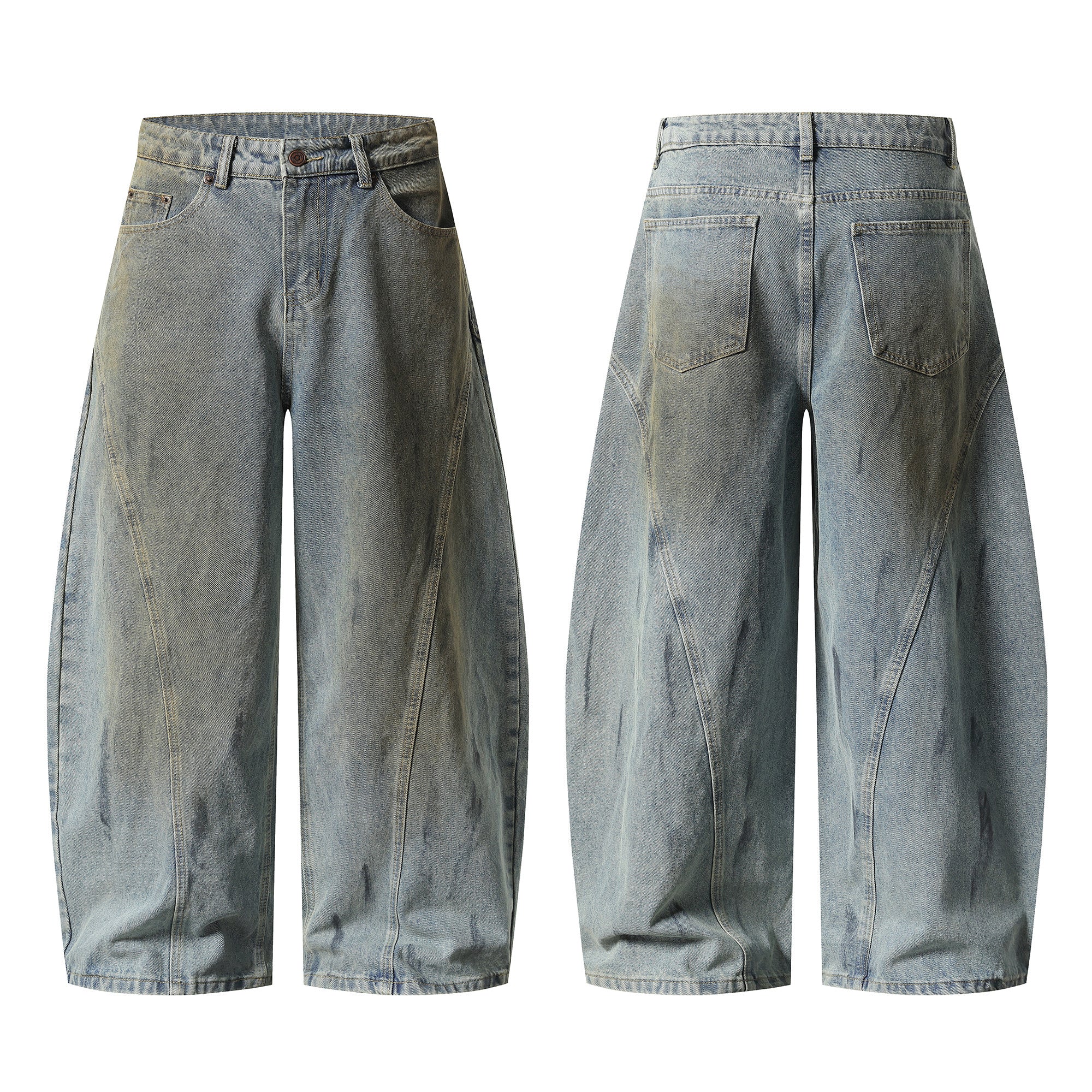 Front and back view of faded light-blue wide-leg denim pants with curved panel seams and distressed wash detailing