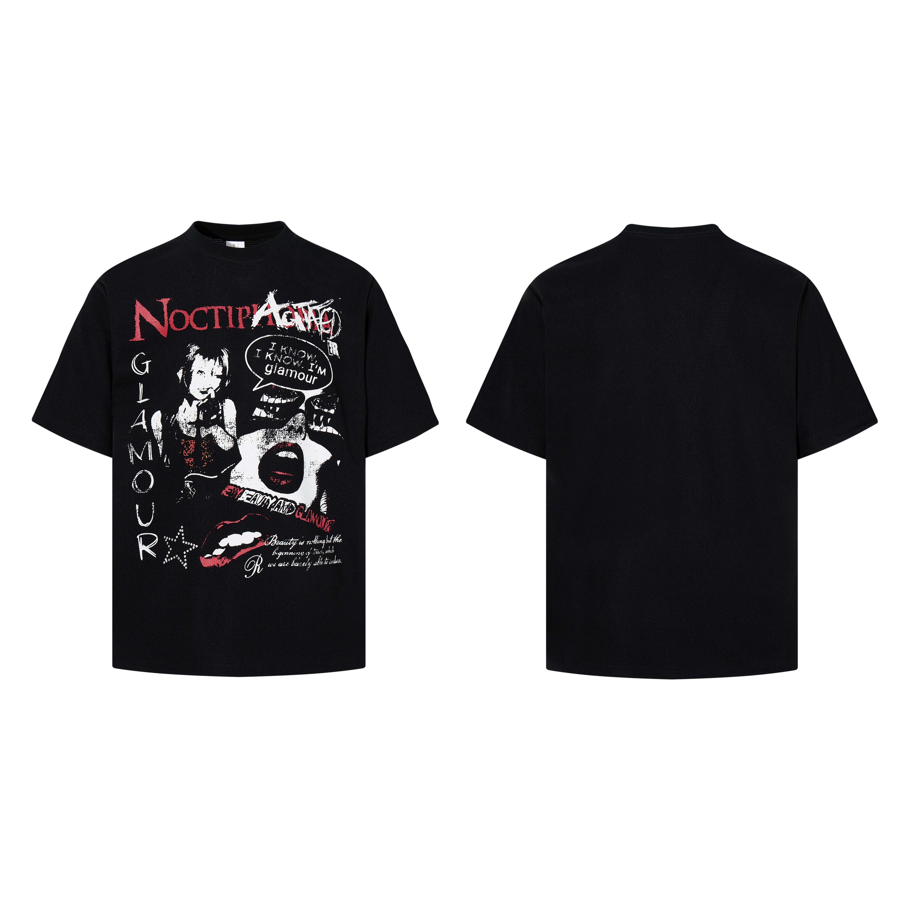 Black oversized graphic tee with punk-glam collage print featuring red and white typography, portrait and lip imagery, front
