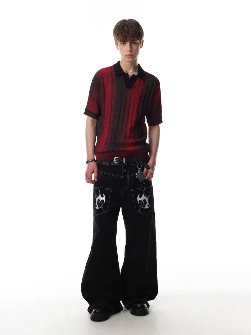 Men’s red and black open-knit polo shirt with relaxed fit and short sleeves on a model