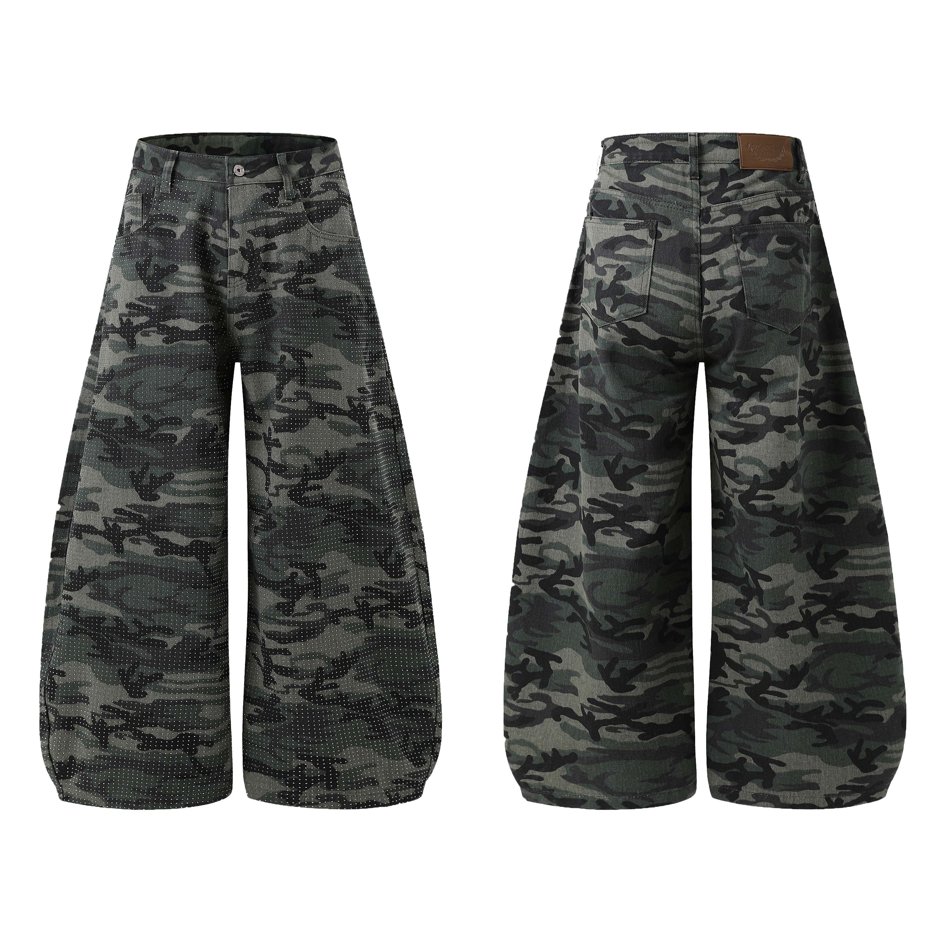 Front view of Omirad camouflage wide-leg jeans in olive and black camo print with dotted texture detail