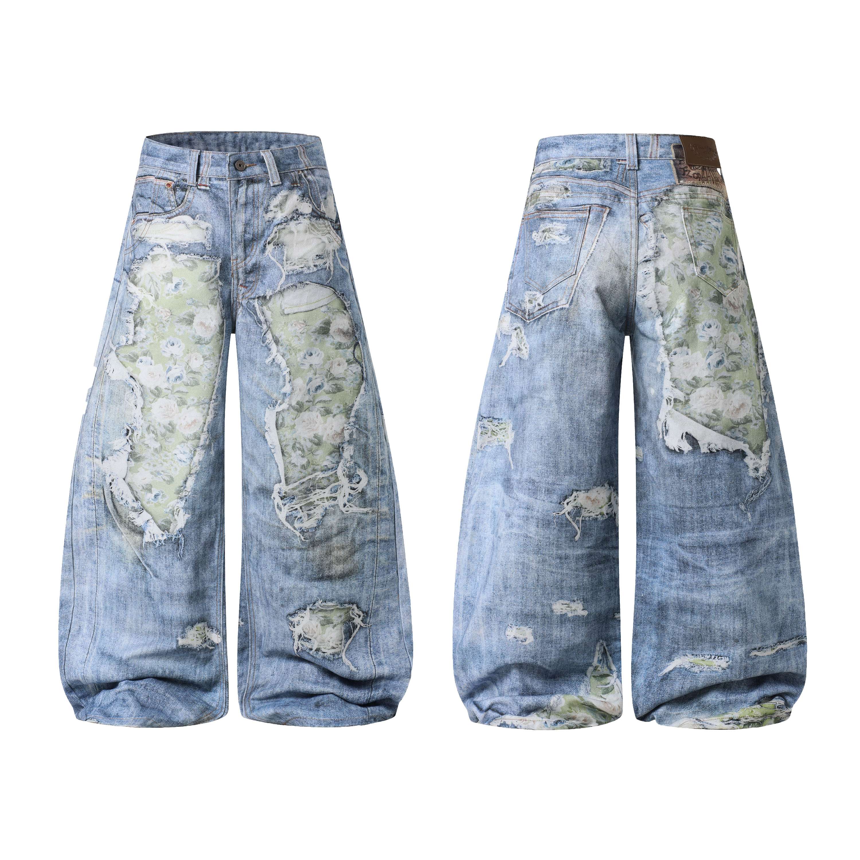 Front and back view of light blue wide-leg distressed jeans with green floral patchwork panels and frayed edges