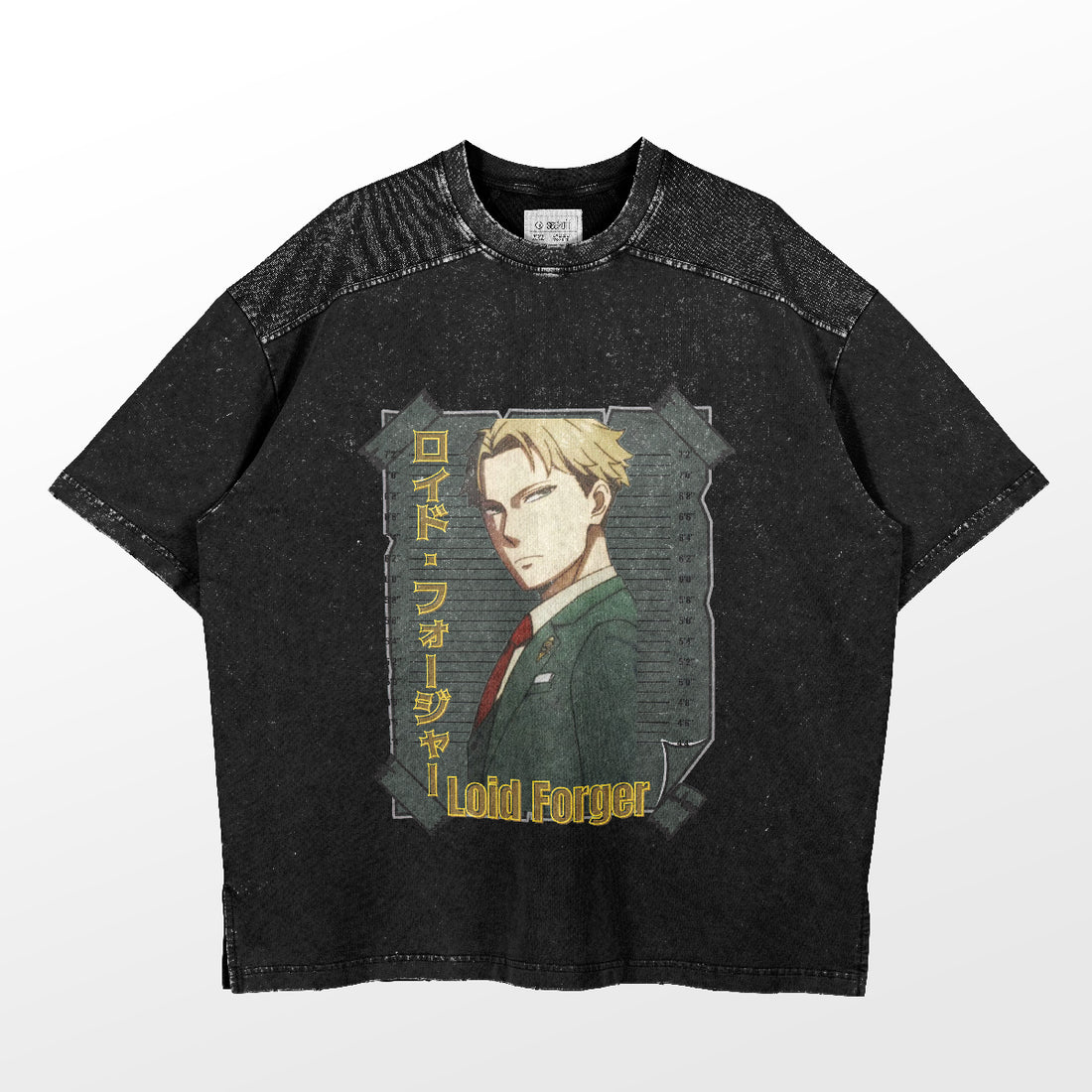 The black Spy × Family Loid Forger T-shirt features the anime character in a green suit with blonde hair and contrasting fabric on the shoulders, highlighted by a speckled design and &quot;Loid Forger&quot; text, making it a standout piece of high-quality anime apparel.