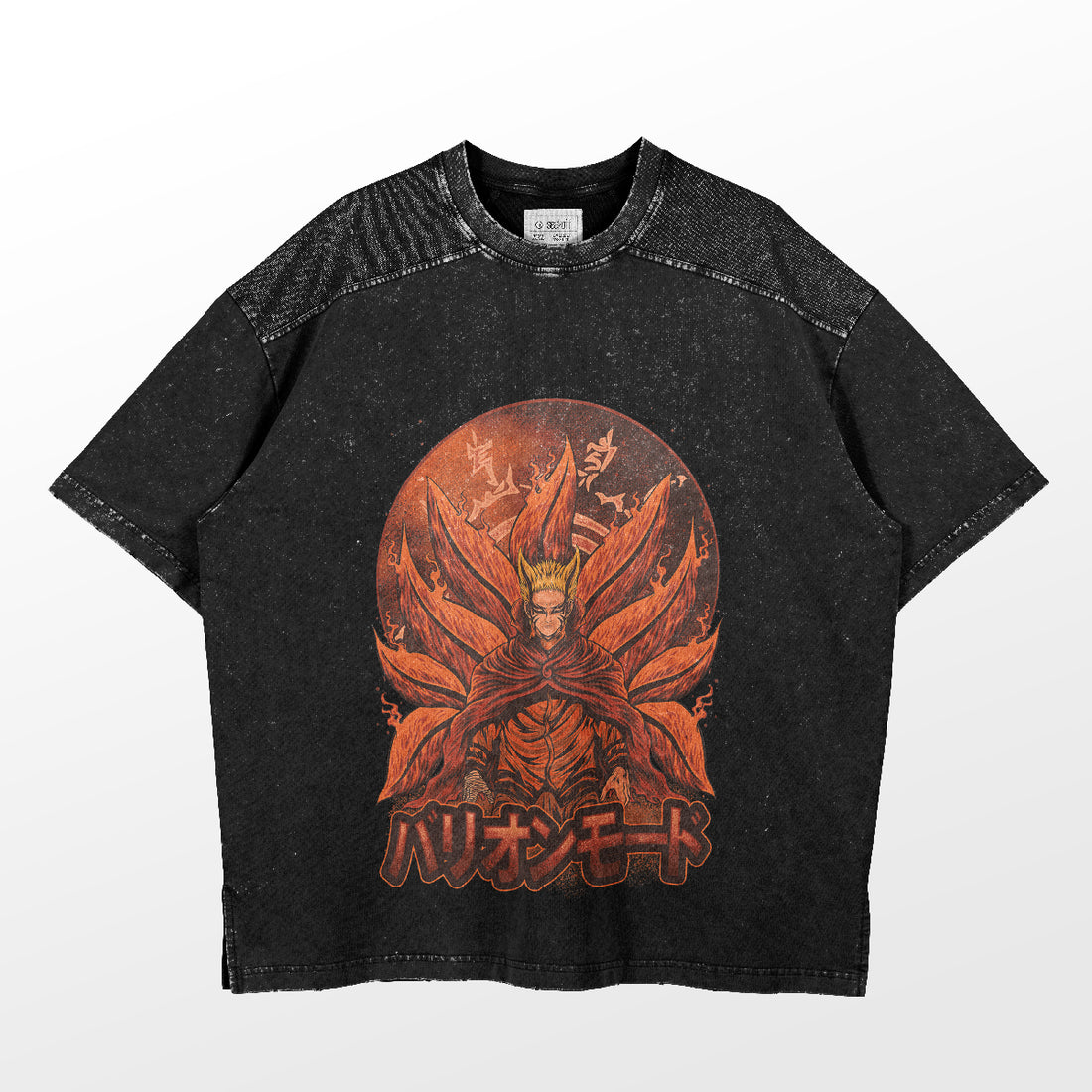 This black Naruto Baryon Mode T-shirt showcases a spiky-haired character in flames, surrounded by an orange oval. Featuring a cloak and stylized Japanese characters at the bottom, it’s exclusive anime apparel perfect for any fan.