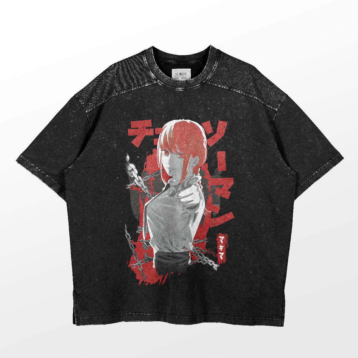 The Chainsaw Man Makima Command T-Shirt is a 100% cotton anime shirt featuring a dynamic graphic of a red-haired character with a hand gesture, set against red Japanese text. It has a textured appearance, black collar, and short sleeves.