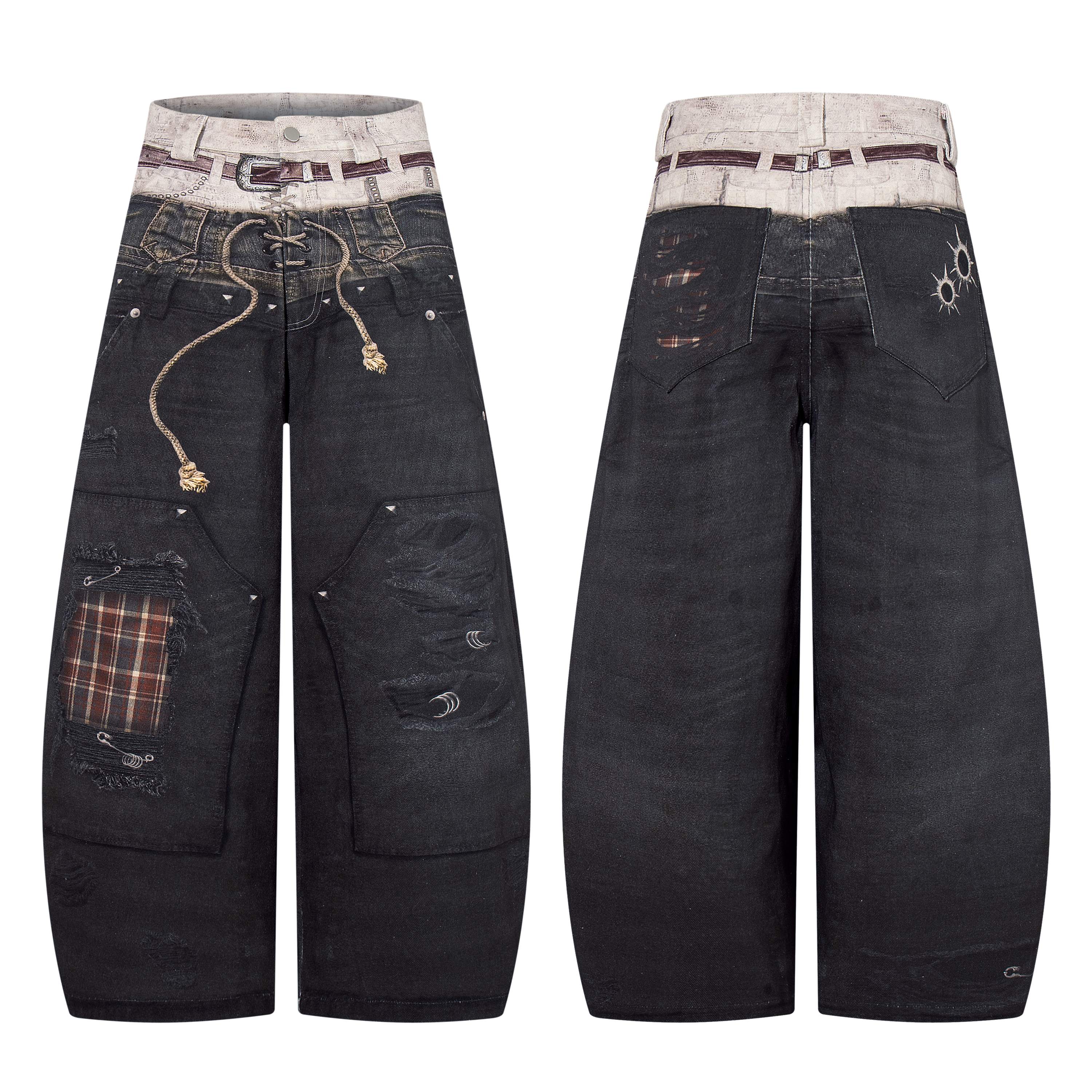 Front and back view of Omirad black wide-leg distressed denim pants with layered waistband, plaid patch, and rope lace-up det