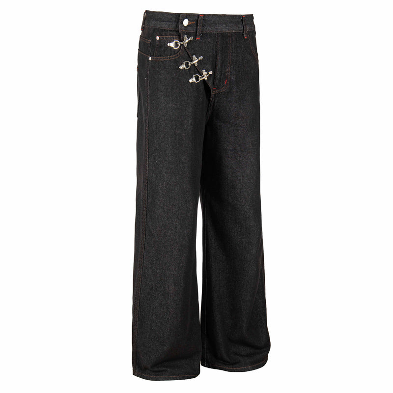 Front view of dark wash wide-leg denim pants with hook closures and five-pocket styling