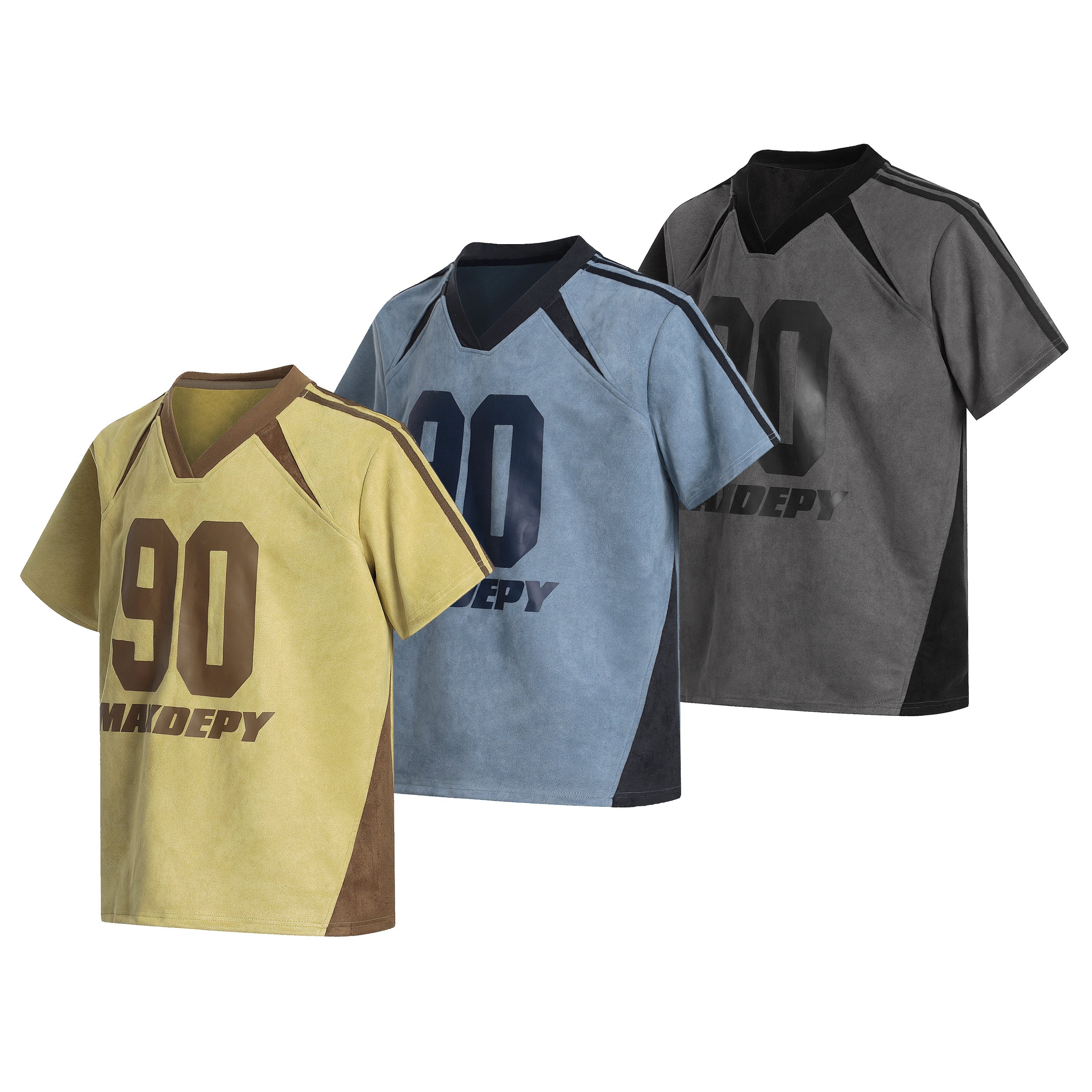 Three colorblock varsity mesh jersey tees in olive gold, powder blue, and charcoal grey with number 90 graphic, shown in angl